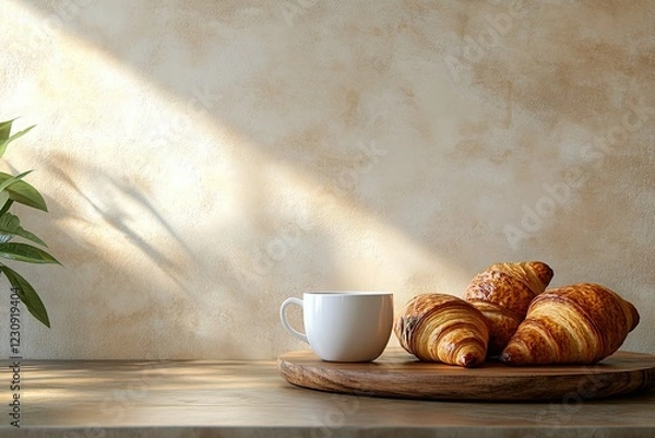 Fototapeta Vibrant Color Visual of Breakfast Table with Croissant