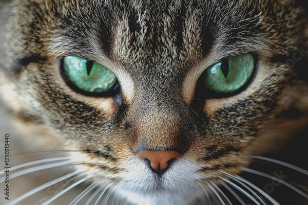 Obraz Close up image of a domestic cats face featuring striking green eyes and detailed fur texture in natural light