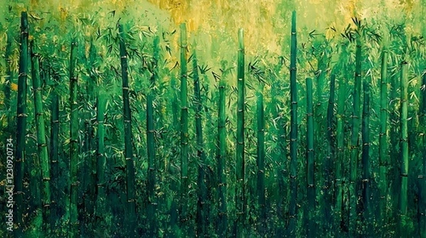Fototapeta Green Bamboo Forest Growing Upward Towards A Bright Yellow Sky Natural Environment.