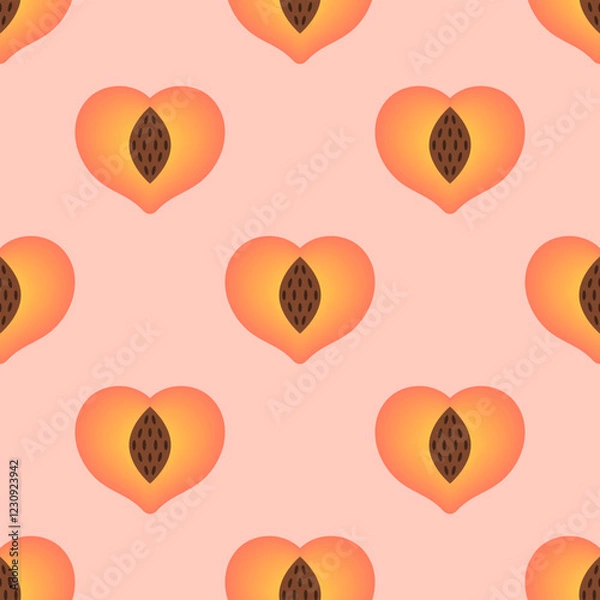 Fototapeta Cute seamless pattern with heart shaped peaches on a pastel pink background. Bright peach halves vector pattern for Valentine's day. Can be used as a Valentine card, wrapping paper, textile, wallpaper