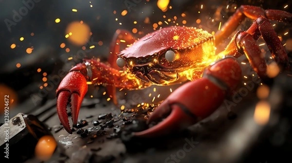 Fototapeta Crab blacksmith forging weapons underwater, sparks flying, 3D illustration