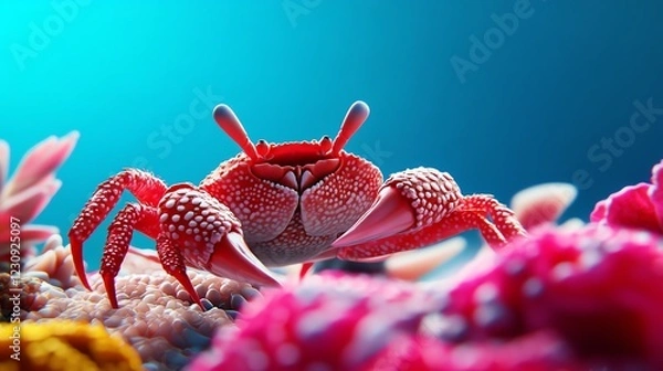 Fototapeta Coral reef scene with various colorful crabs, underwater ambiance, 3D illustration