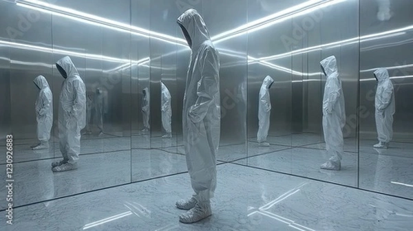 Fototapeta Ethereal Reflection in Mirror Room with Figure in Hooded Apparel