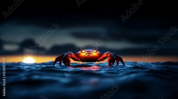 Fototapeta Moonlit crab glowing under the soft ocean waves, magical night scene, 3D illustration