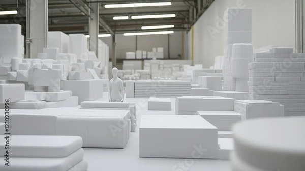 Fototapeta A serene workspace filled with white foam shapes and a lone mannequin amidst a creative setup