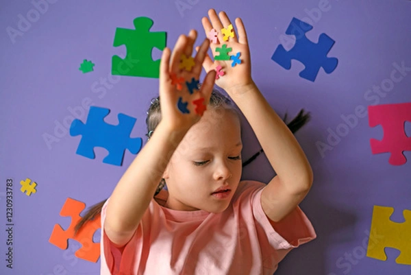 Obraz A thoughtful sad lonely girl with pieces of colored puzzles in her hands. Intellectual development of education. Problems of social behavior of children with autism