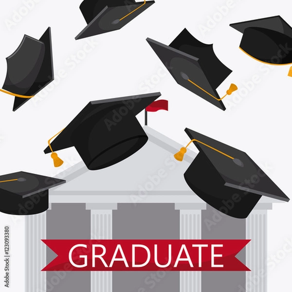 Fototapeta graduation cap building university grad icon. Colorfull and flat illustration. Vector graphic