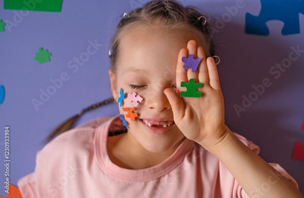 Obraz A laughing cute girl with eyes closed hides part of face behind hand with puzzles. Overcoming the deficit of emotional expressions and communication in children with autism - a concept