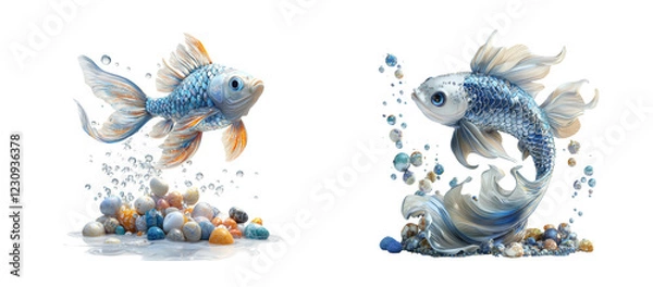 Fototapeta Colorful Goldfish with Bubbles and Decorative Elements
