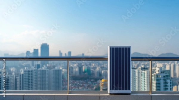 Fototapeta solar powered air purifier stands on balcony overlooking city skyline, promoting eco friendly living and clean air