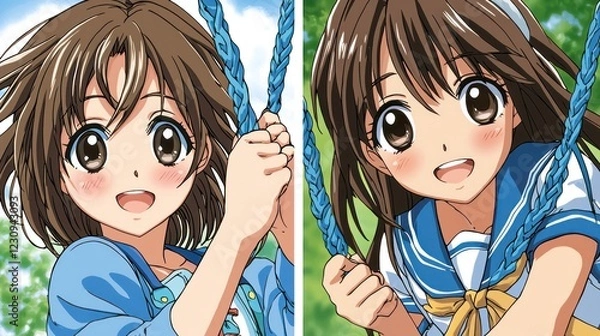 Fototapeta Happy girl swinging, park background, summer fun, illustration