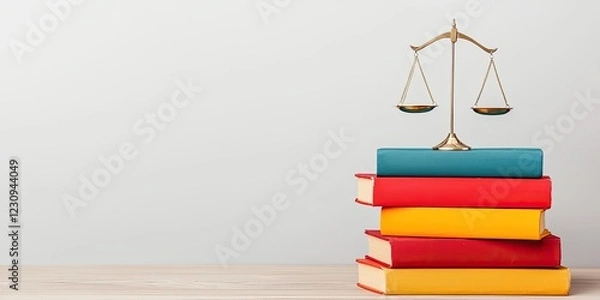 Obraz A stack of colorful books with a balanced scale on top, symbolizing law, justice, and knowledge.