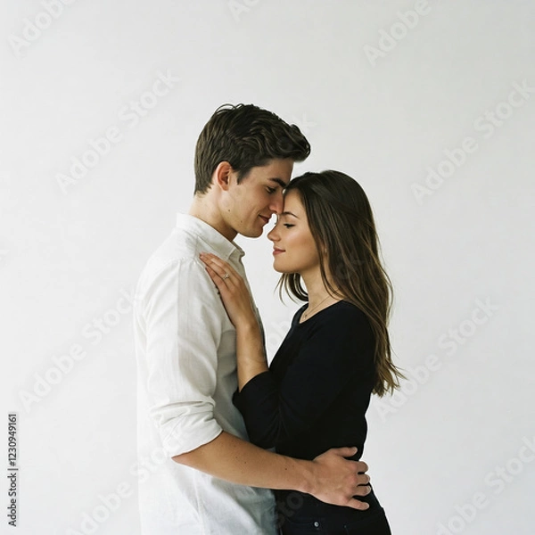 Fototapeta Tender Embrace: A young couple stands close, foreheads touching, eyes closed, their bodies gently embracing.  A moment of quiet intimacy and affection.