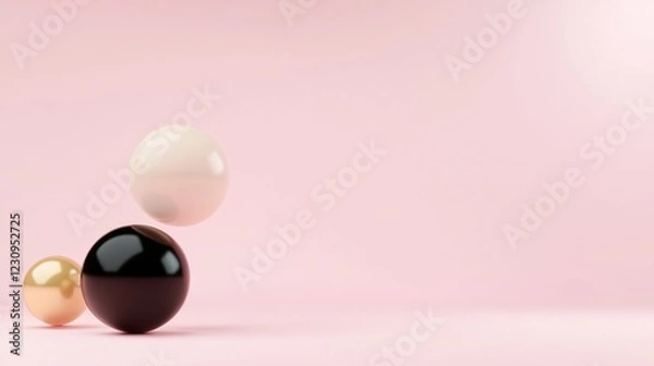 Fototapeta Three spheres, gold, black, and cream, on pink background.
