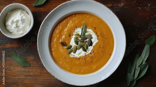 Fototapeta A rich and creamy butternut squash soup with a swirl of cream and a sprinkle of toasted pumpkin seeds, served in a white ceramic bowl, Soup centered