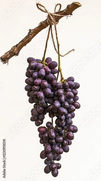 Fototapeta Dark grapes hanging from branch, harvest, rustic, white background, food photography