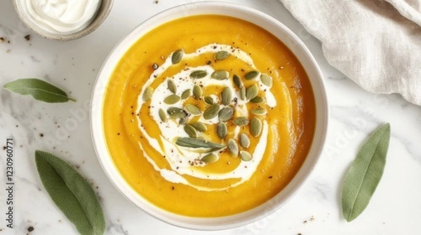 Fototapeta A rich and creamy butternut squash soup with a swirl of crème fraîche and a sprinkle of roasted pumpkin seeds, served in a white ceramic bowl, Soup centered