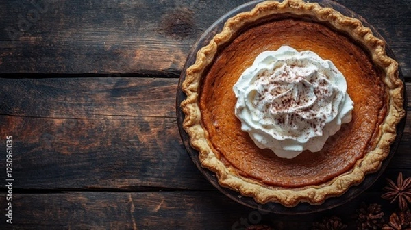 Fototapeta Delicious pumpkin pie topped with whipped cream, placed on a rustic wooden table, surrounded by spices