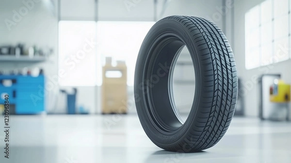 Obraz Car Tire Standing Upright in Auto Workshop, Modern Garage Equipment 
