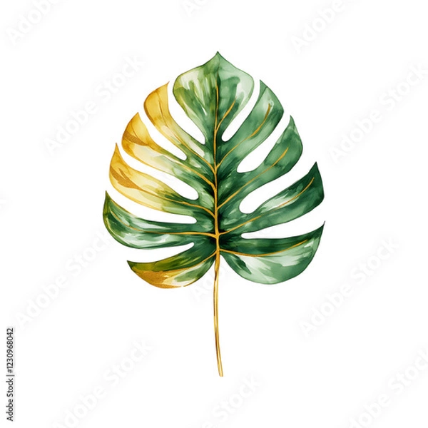 Fototapeta Framed Botanical Print with Gold Accents: Green Leaf Isolated on Transparent Background