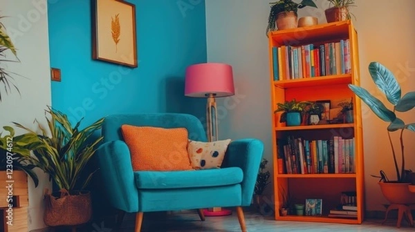 Obraz A cozy reading nook with an electric blue armchair, neon orange bookshelf, and striking pink lamp