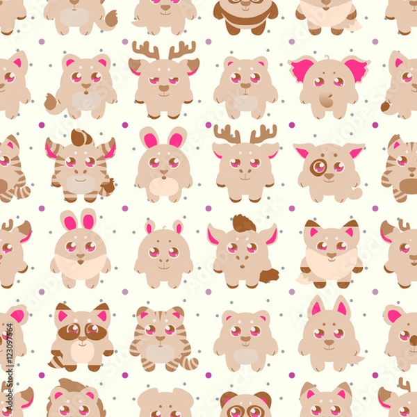 Fototapeta Big stickers, patches collection: cute cartoon baby animals, fauna of the world, icon set isolated on white. Hand drawn colorful Vector illustration, seamless pattern.