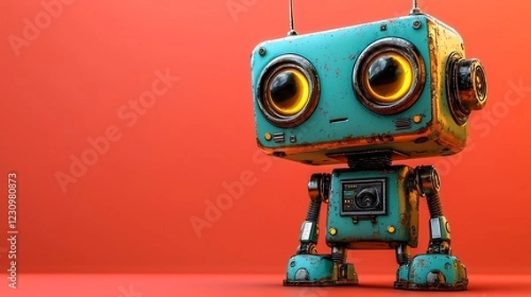 Fototapeta Rusty robot stands on orange background