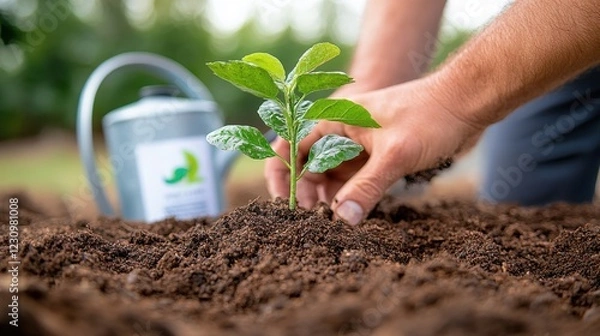 Obraz Hand planting a small tree sapling in fertile soil surrounded by nature