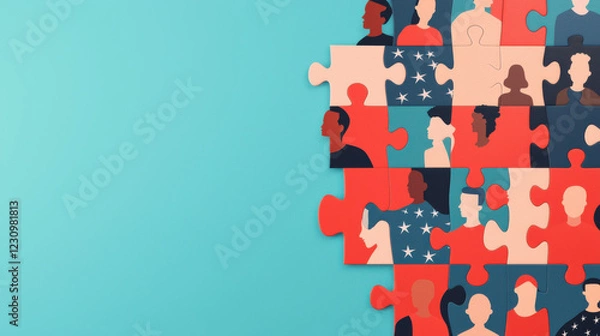 Fototapeta A colorful puzzle piece collage representing diverse individuals against a blue background, symbolizing unity and collaboration.