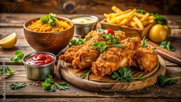 Fototapeta Crispy Chicken Delight on a Rustic Wooden Table with Fresh Herbs and Dipping Sauces, Perfect for Culinary Photography, Food Styling, and Gourmet Recipes