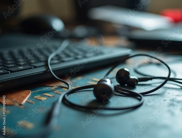 Fototapeta Tangled earphones lying on a cluttered desk with keyboard and mouse