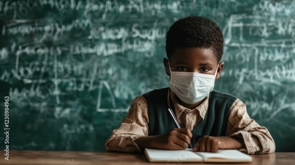 Fototapeta Schoolboy engaged in learning while wearing a mask during a pandemic