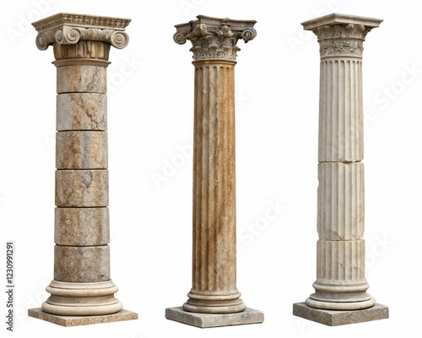 Obraz Ancient architectural pillars, classical column designs, and stone textures in a vector set on white background.