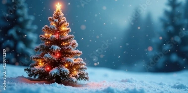 Obraz Crystal-adorned Christmas tree in a snowy landscape, snowflakes, snowy, peaceful