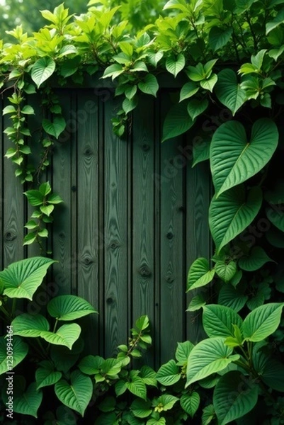 Fototapeta Lush tropical leaves and vines in shades of green against a wooden fence, verdant landscape, botanical