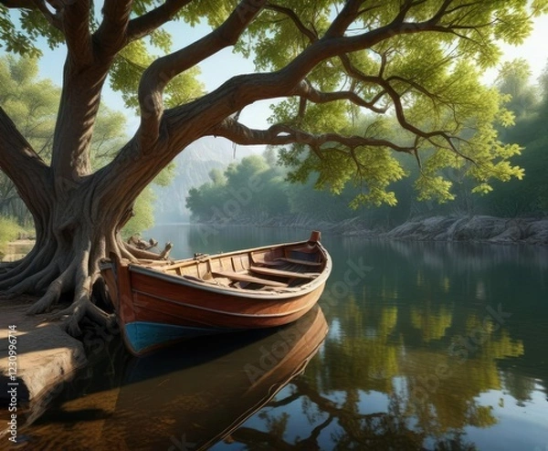 Fototapeta Small wooden boat tied to a gnarled tree branch , forest, tranquil scene
