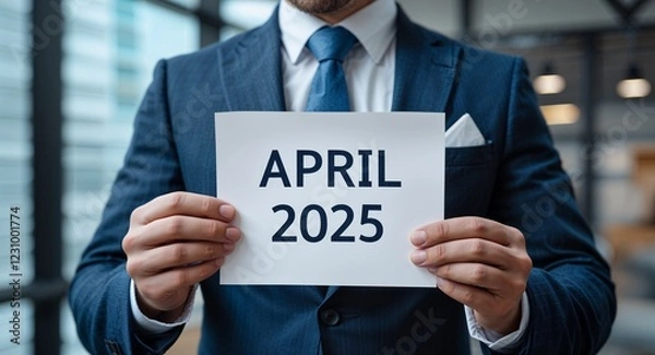 Fototapeta april 2025 text on plain white paper in hand on guy on formal suit business concept background