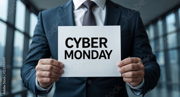Fototapeta cyber Monday text on plain white paper in hand on guy on formal suit business concept background