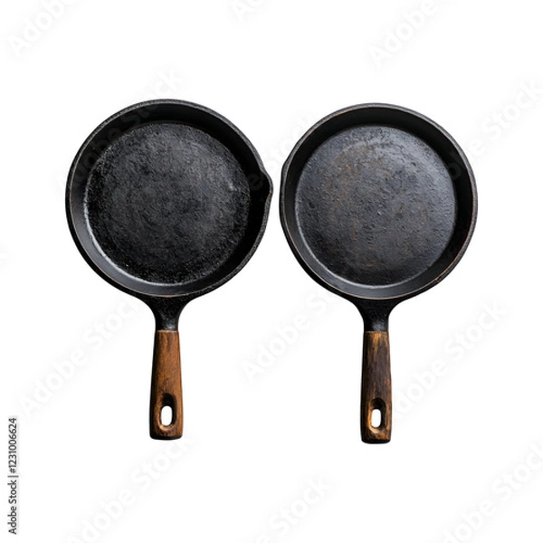 Fototapeta Cast Iron Griddles with Wooden Handles Isolated on Transparent Background
