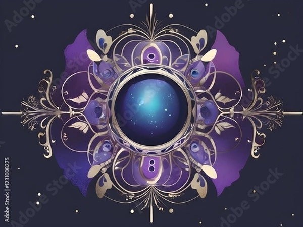 Fototapeta A central, glowing orb surrounded by intricate floral and geometric patterns creates a celestial and mystical appearance. The color palette features deep purples and blues, enhancing the cosmic feel