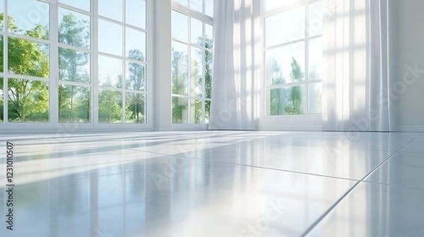 Obraz Bright Room With Large Windows And White Curtains
