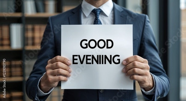 Fototapeta good evening text on plain white paper in hand on guy on formal suit business concept background