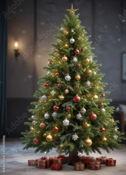 Fototapeta Evergreen fir Christmas tree with snowflakes and ornaments, ornaments, frosty, decorated tree