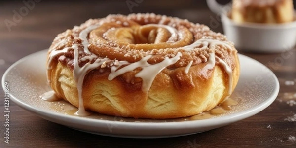 Obraz Round plate filled with a fluffy, golden-brown cinnamon bun, topped with a crunchy sugar topping and drizzled with a sweet glaze, food on plate, glazed pastry, pastry