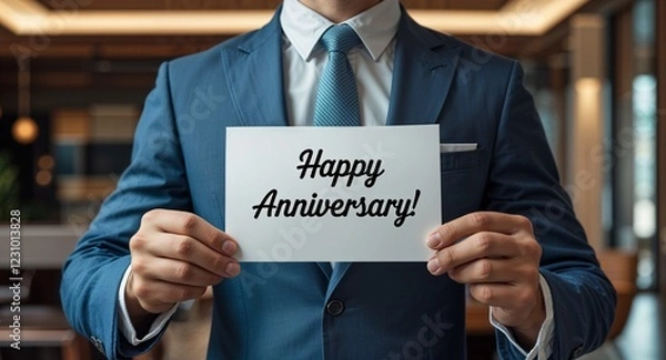 Fototapeta happy anniversary text on plain white paper in hand on guy on formal suit business concept background