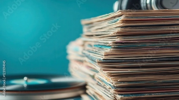 Fototapeta Timeless grooves emerge from a stack of vinyl records with vintage charm