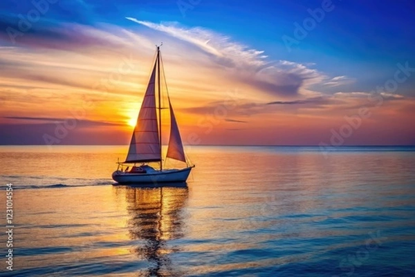 Fototapeta Small sailboat with a single mast and navy blue sails sailing through calm ocean waves at sunrise, sailing, boats, sea