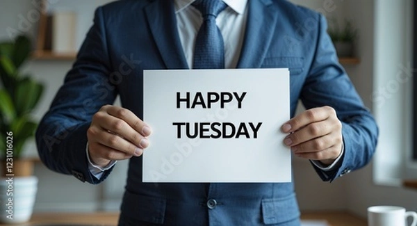 Fototapeta happy Tuesday text on plain white paper in hand on guy on formal suit business concept background