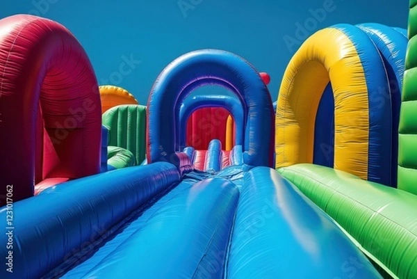 Fototapeta Colorful inflatable obstacle course beckons with its bright blue slides and playful arches