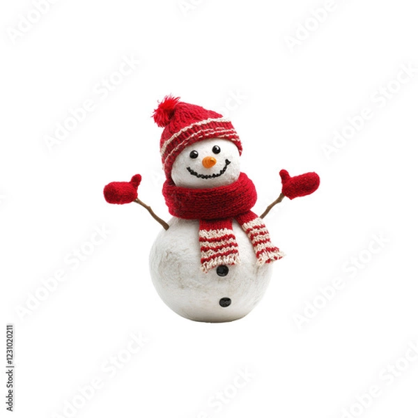 Obraz Snowman with Red Hat and Scarf Smiling Cheerfully in Winter Scene